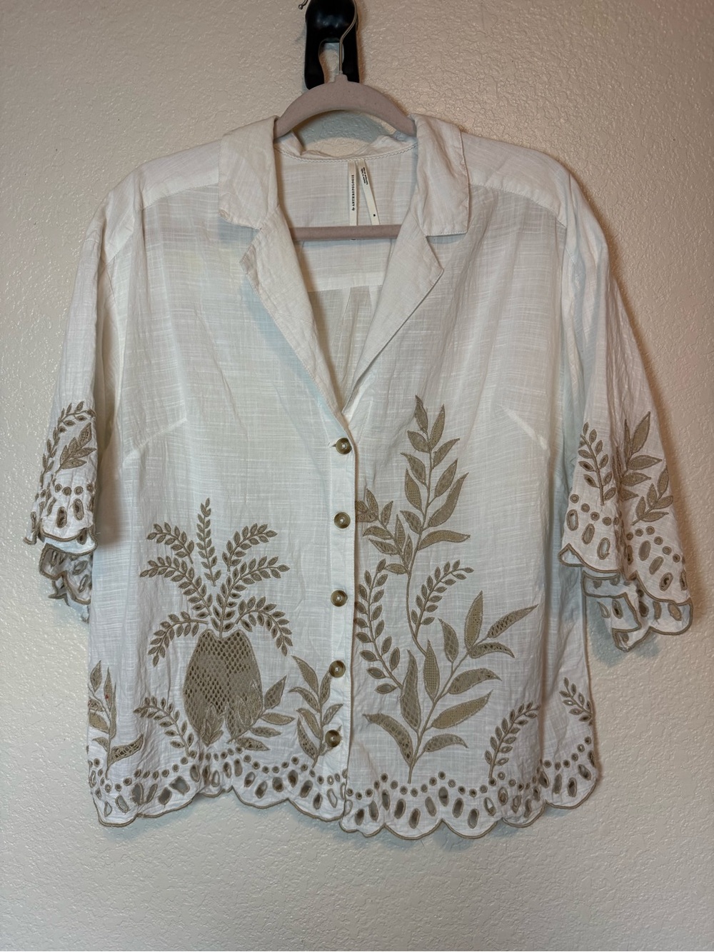 Anthropologie Embroidered Eyelet Detailed Short Sleeve Button Top White Medium - Picture 12 of 15